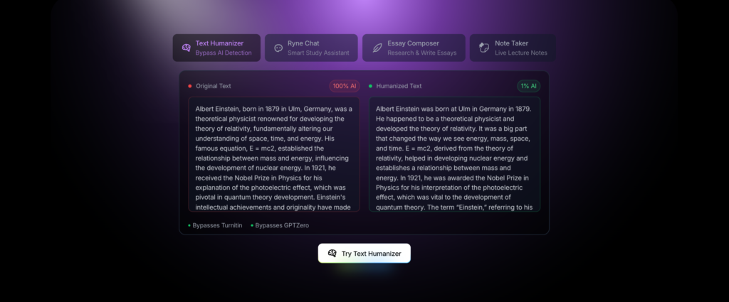 Ryne AI dashboard main interface layout showing humanization tools and settings.
