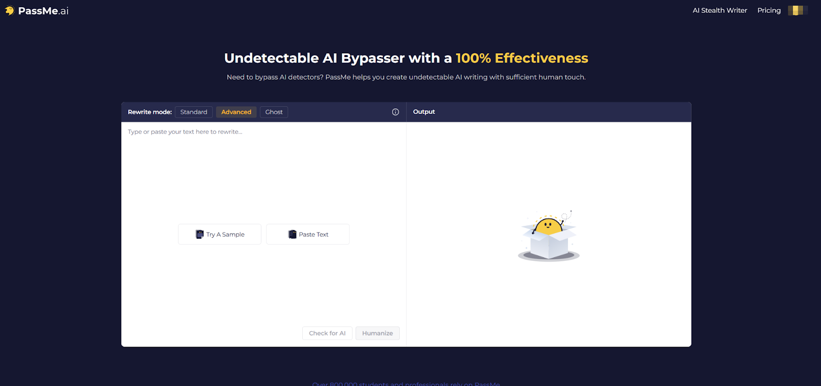PassMe AI complete interface view with text processing and evasion controls