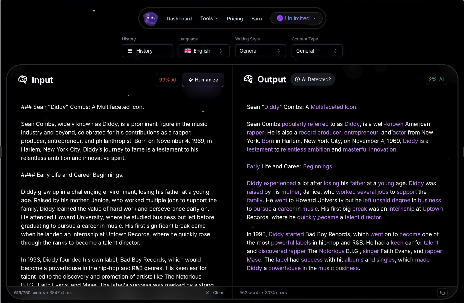 Ryne AI Humanizer tool interface in action.