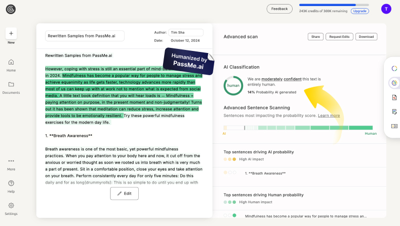 PassMe AI humanization interface showing GPTZero detection bypass demonstration